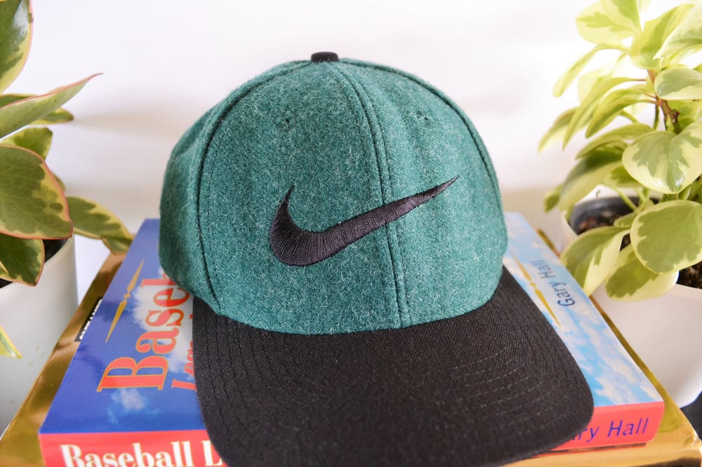Vintage 1990's Nike Air Green Wool Big Swoosh Strapback Hat / Sole